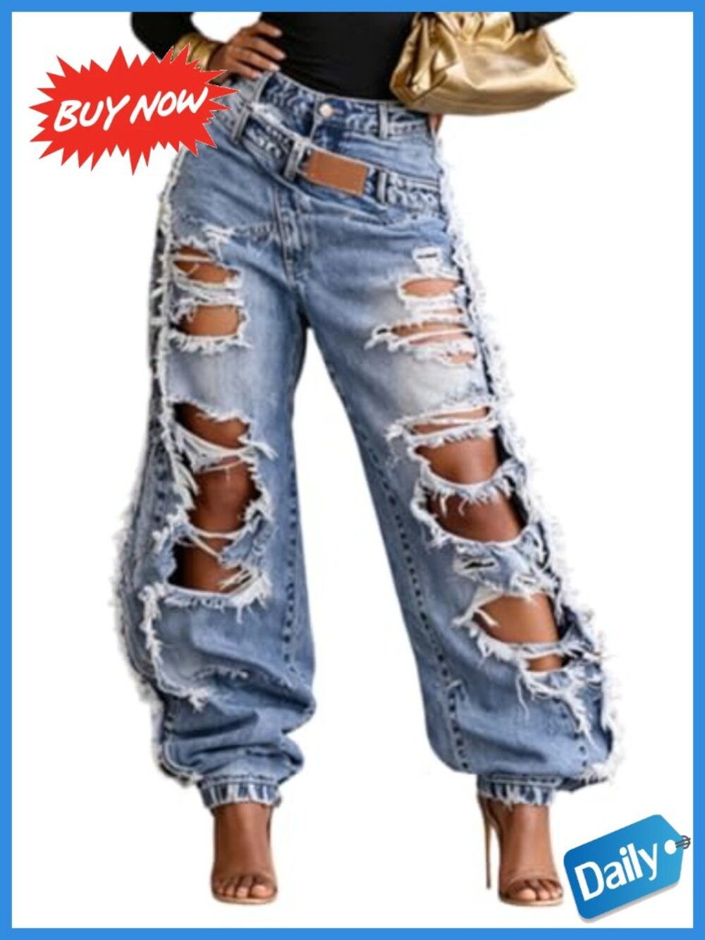 Wide Leg Ripped Jeans Double Waistband Frayed Hem Denim Pants